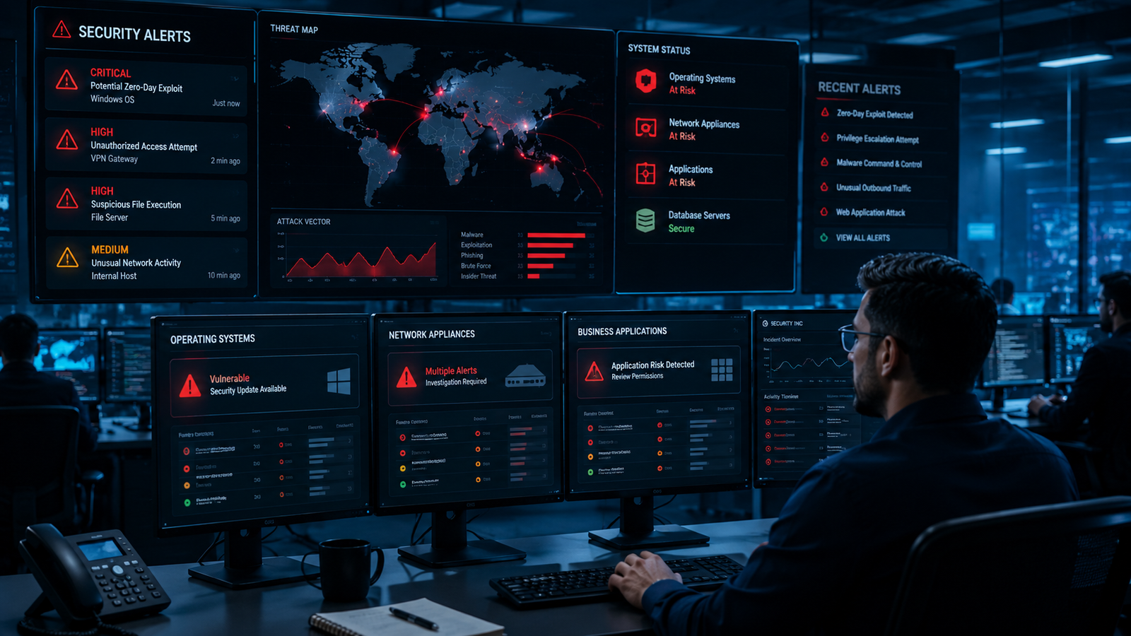 Cybersecurity analyst monitoring recent zero-day security threats