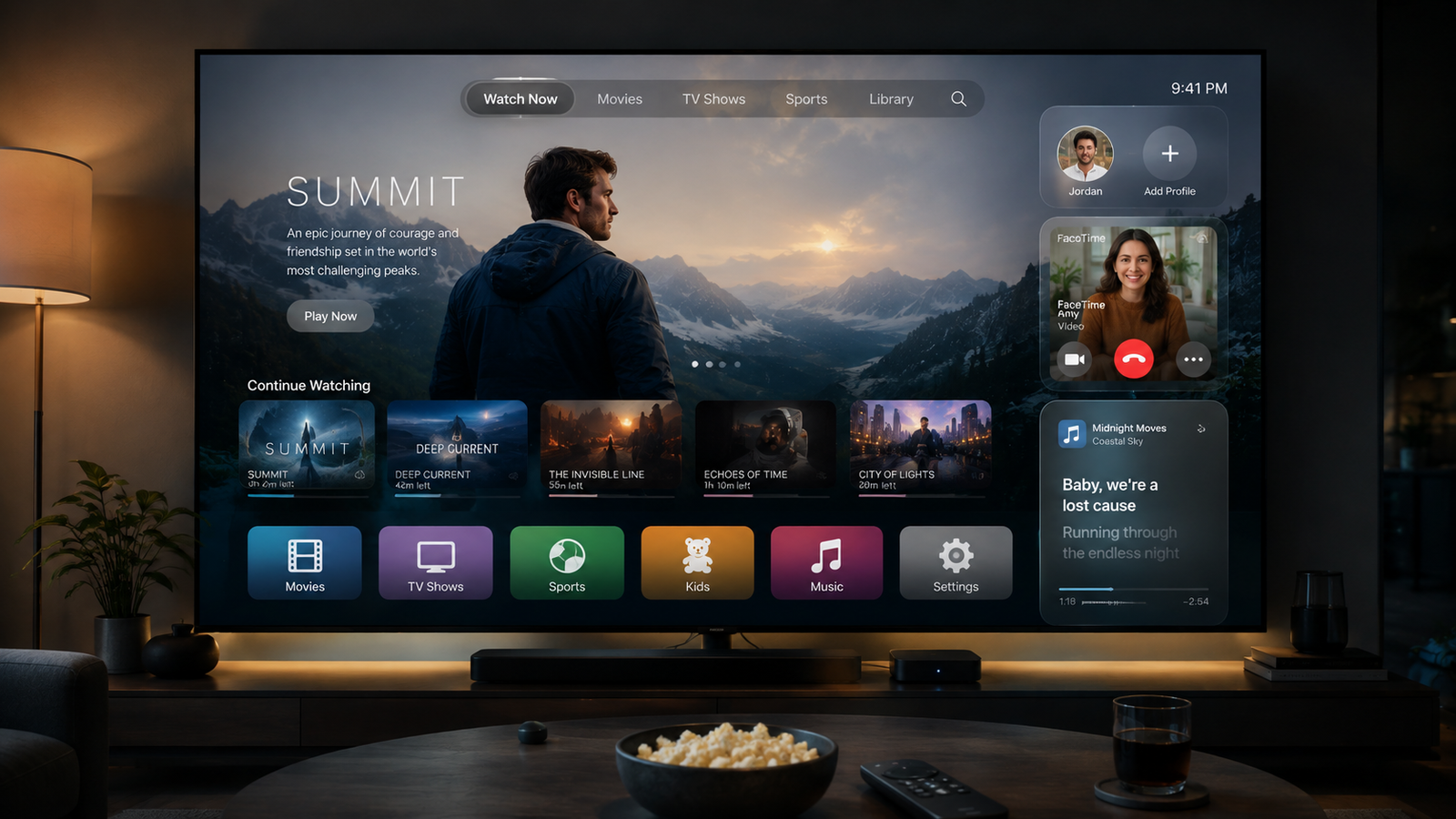 Apple TV displaying a modern tvOS interface with Liquid Glass design