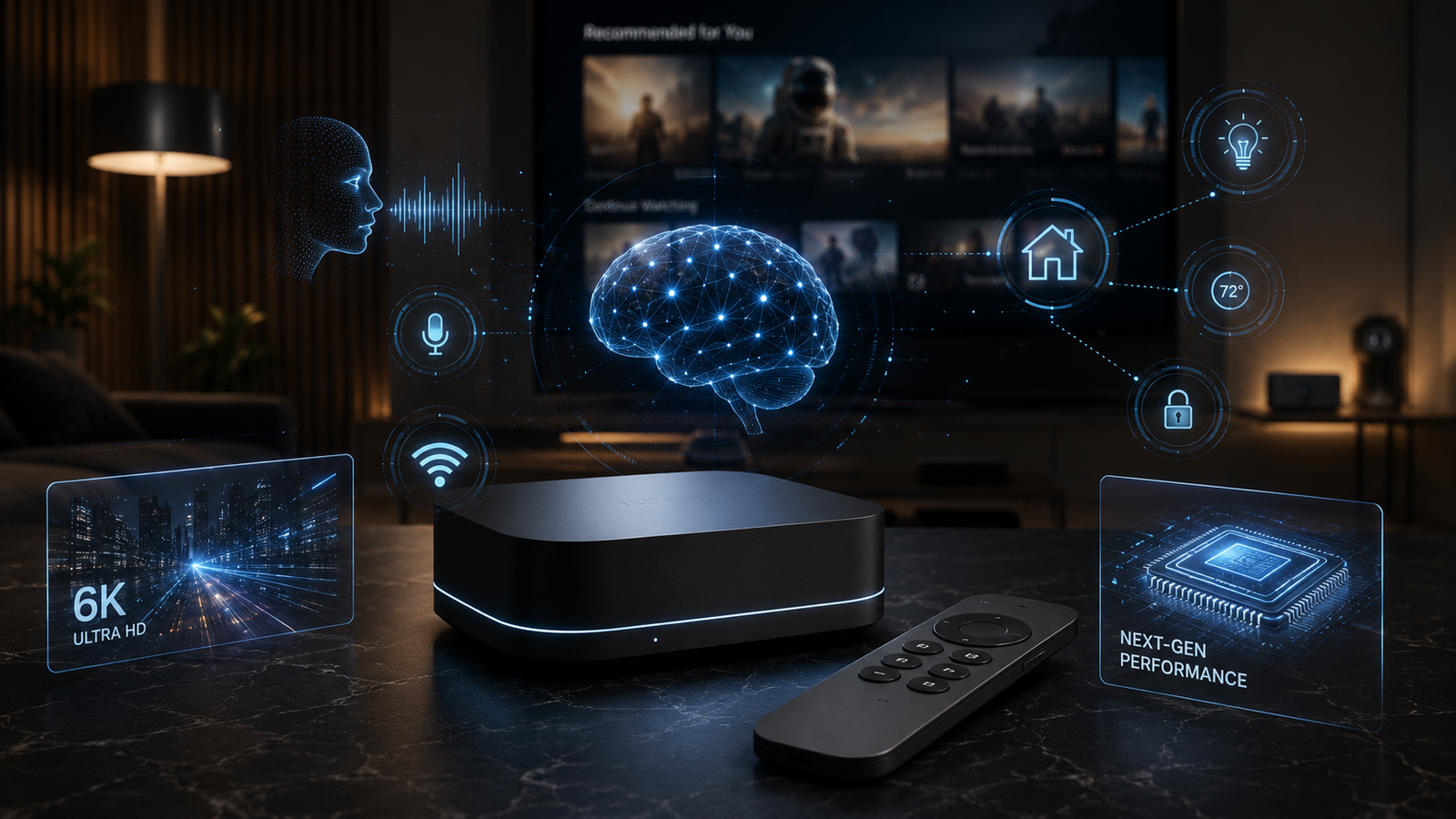 Concept illustration of a next-generation Apple TV 4K with AI and smart-home features