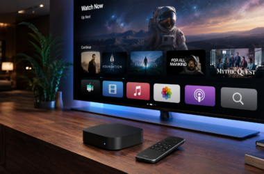 Apple TV displaying a modern tvOS interface with Liquid Glass design