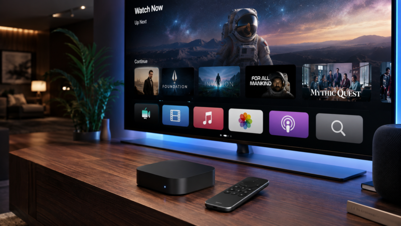 Apple TV displaying a modern tvOS interface with Liquid Glass design